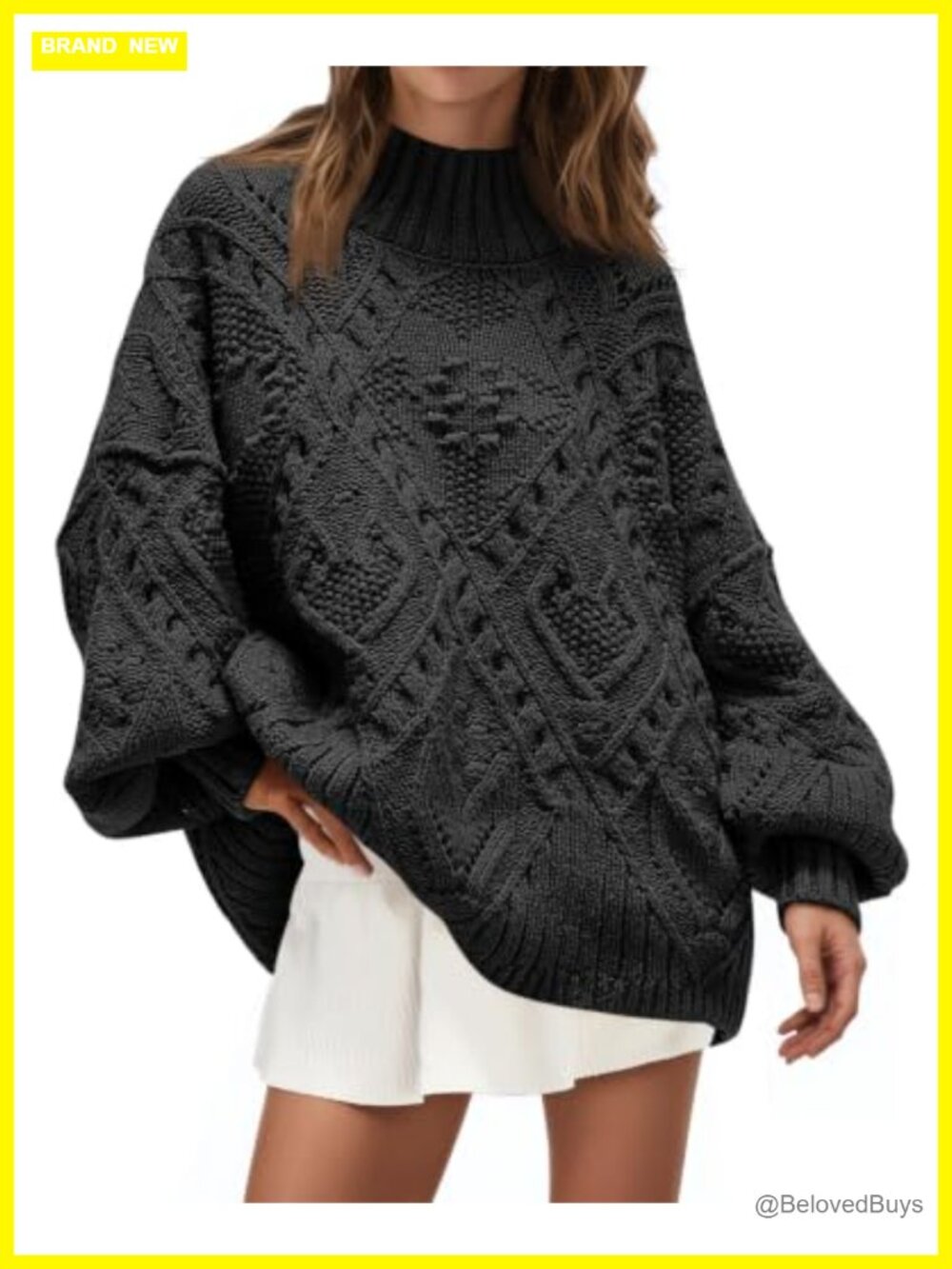 Oversized Cable Knit Crew Neck Pullover Sweater Lantern Sleeve Acrylic